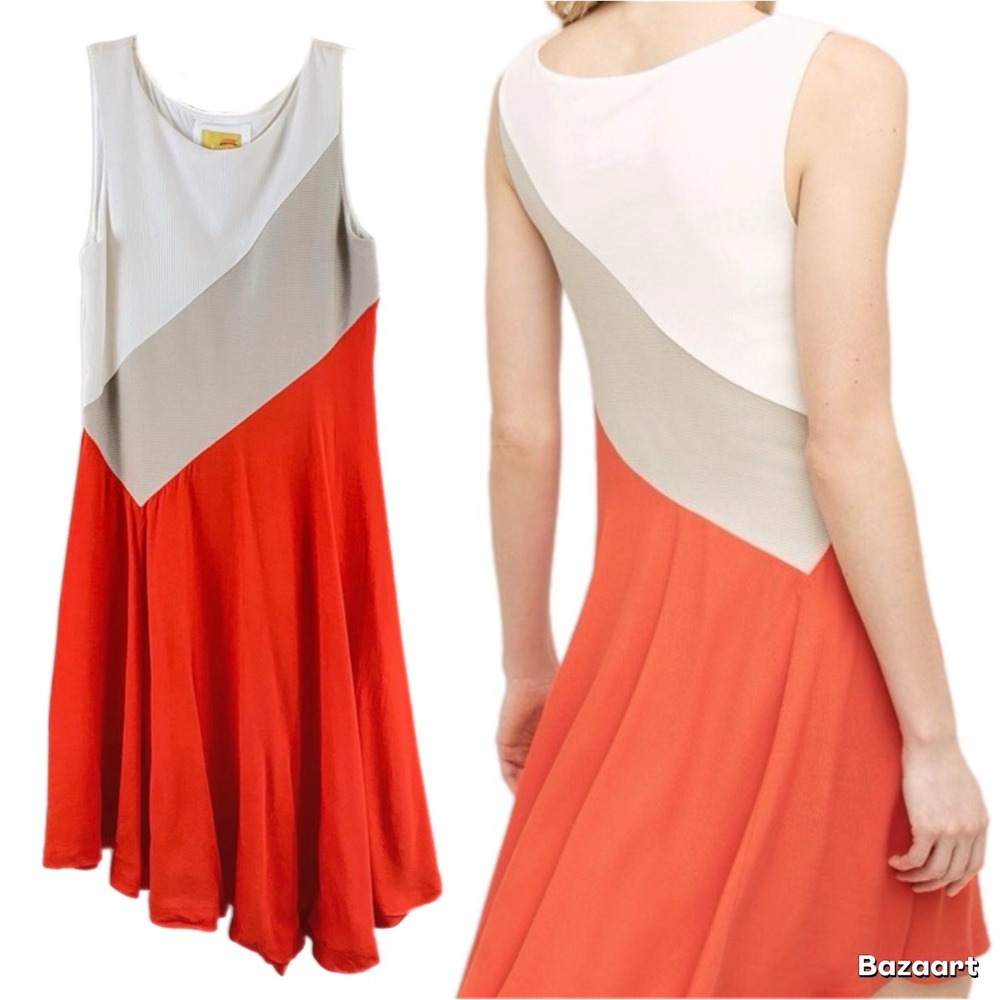 $168 Anthropologie Maeve Cameron Burnt Orange Colorblock Asymmetrical Dress M
